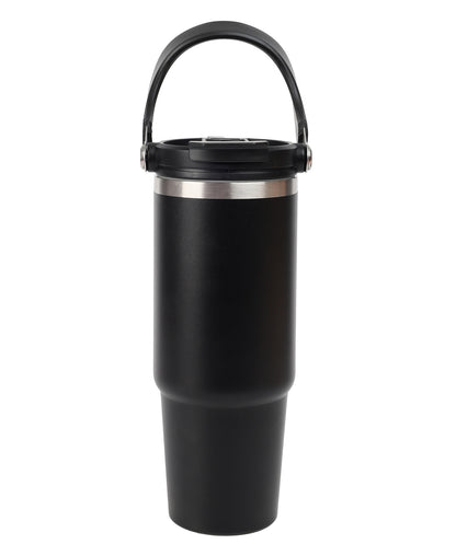Black insulated tumbler with a handle on a white background