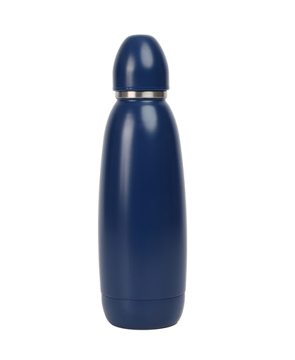 Navy blue water bottle with silver cap on a white background