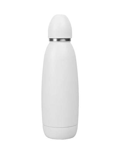 White insulated bottle with silver cap on a white background