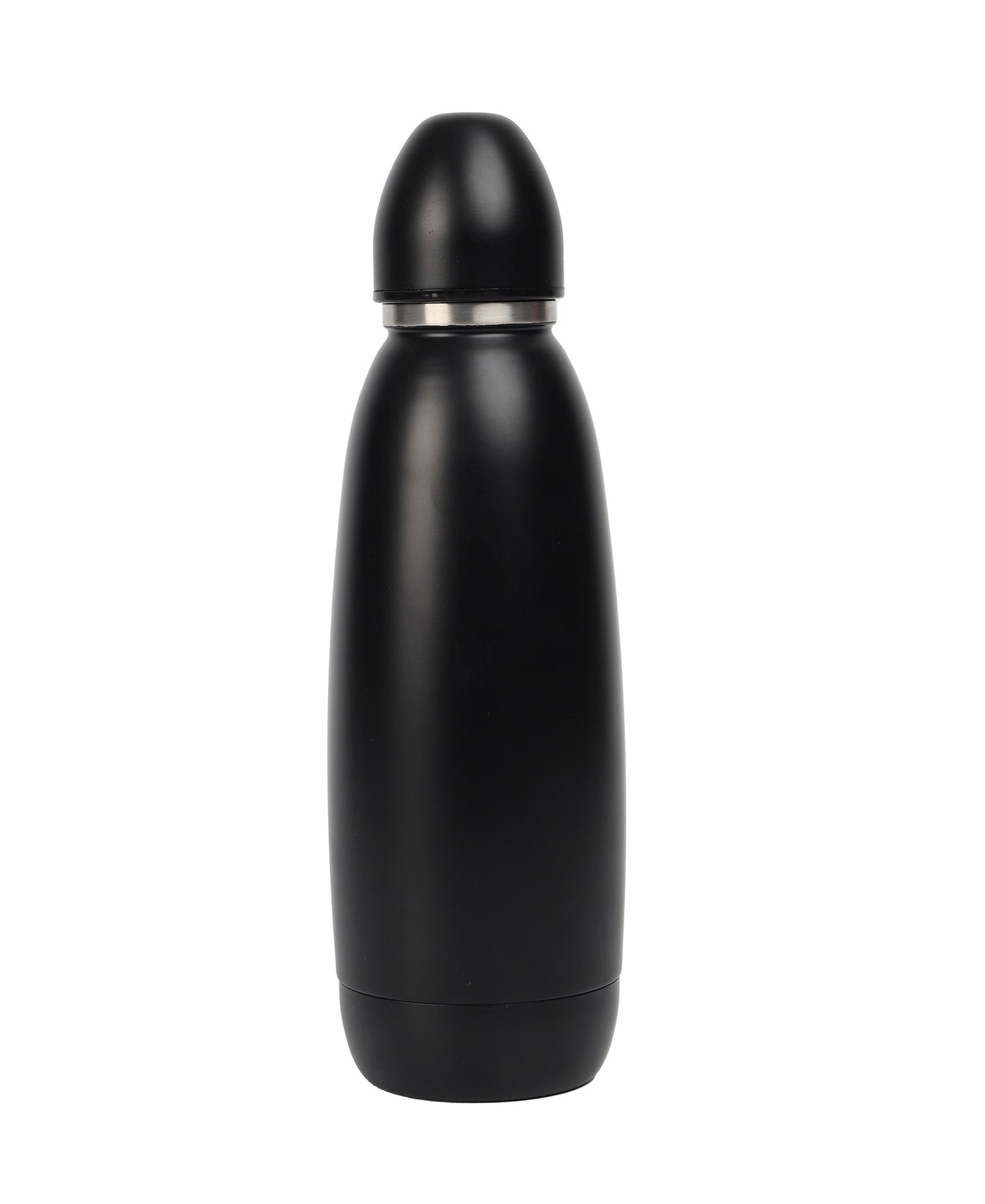 A black, double-walled stainless steel bullet bottle with a capacity of 750ml, featuring a UV printed design.