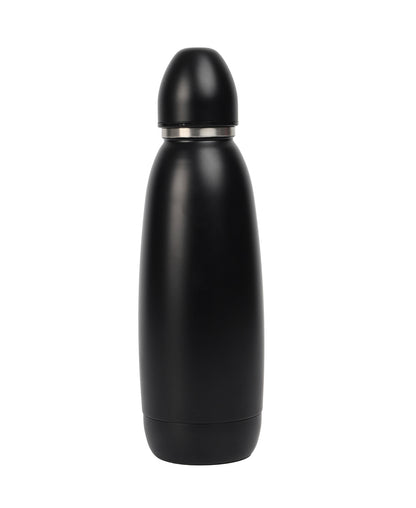 A black, double-walled stainless steel bullet bottle with a capacity of 750ml, featuring a UV printed design.