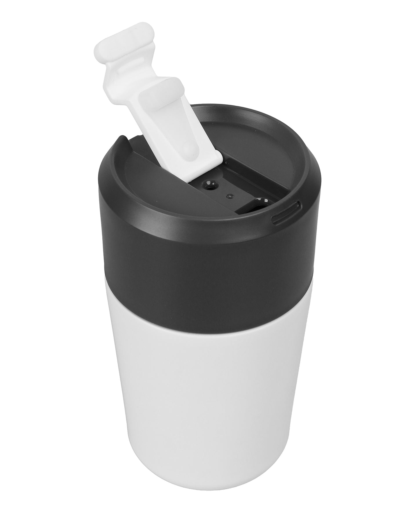 White tumbler with black lid and straw on a white background
