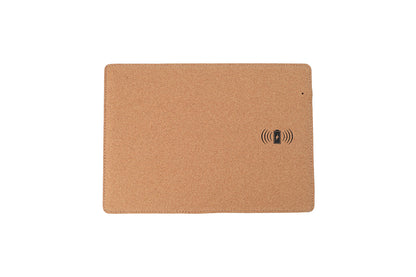 A khaki cork mousepad with a built-in wireless charger symbol in the bottom right corner.