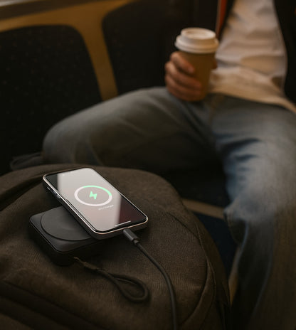 Person sitting with a smartphone on a wireless charging pad and a coffee cup in hand.