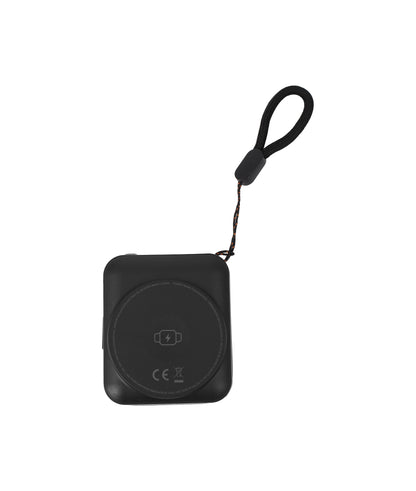 Black portable device with a lanyard on a white background