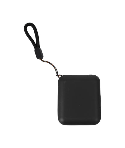 Black square-shaped product with a strap on a white background