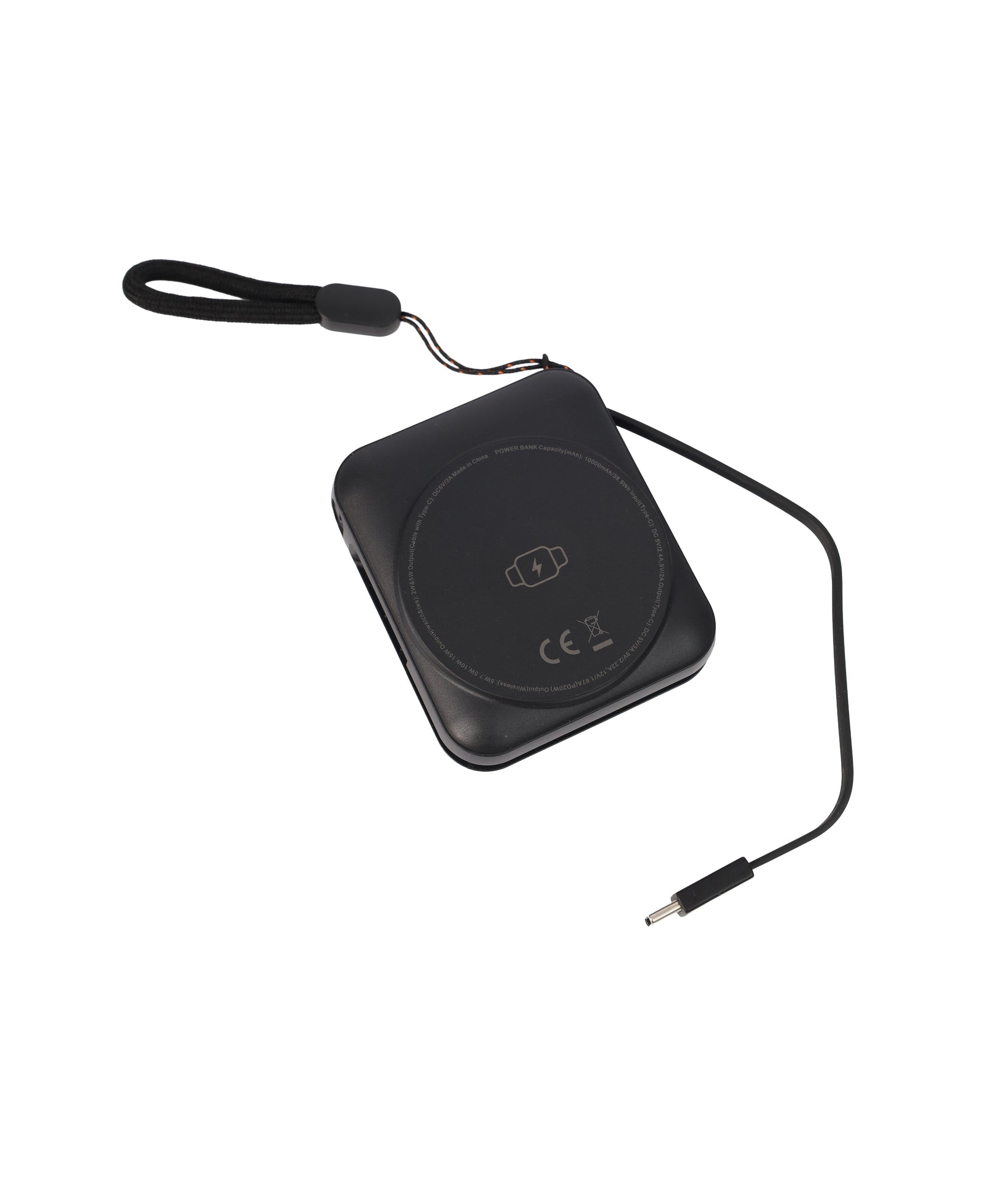 Black wireless charging pad with a strap on a white background