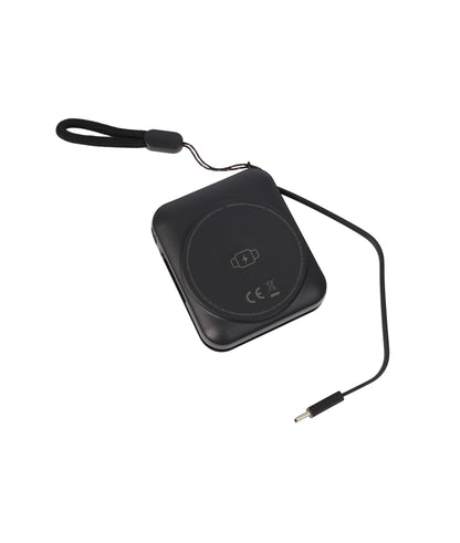 Black wireless charging pad with a strap on a white background