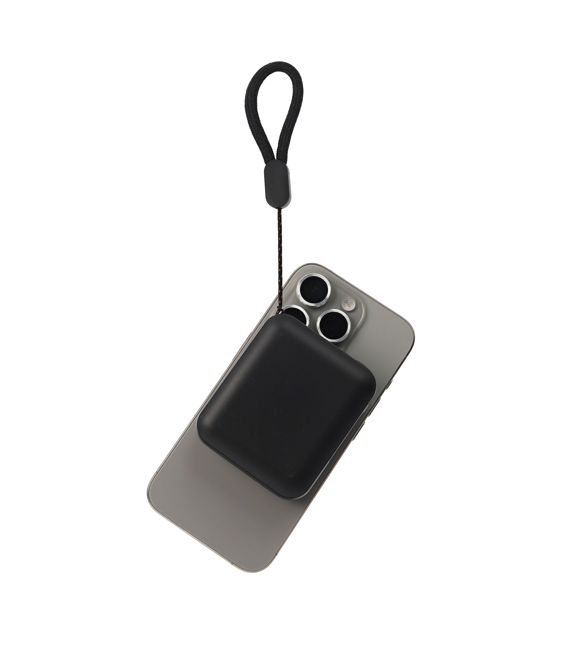 Phone case with black interior and strap on a white background