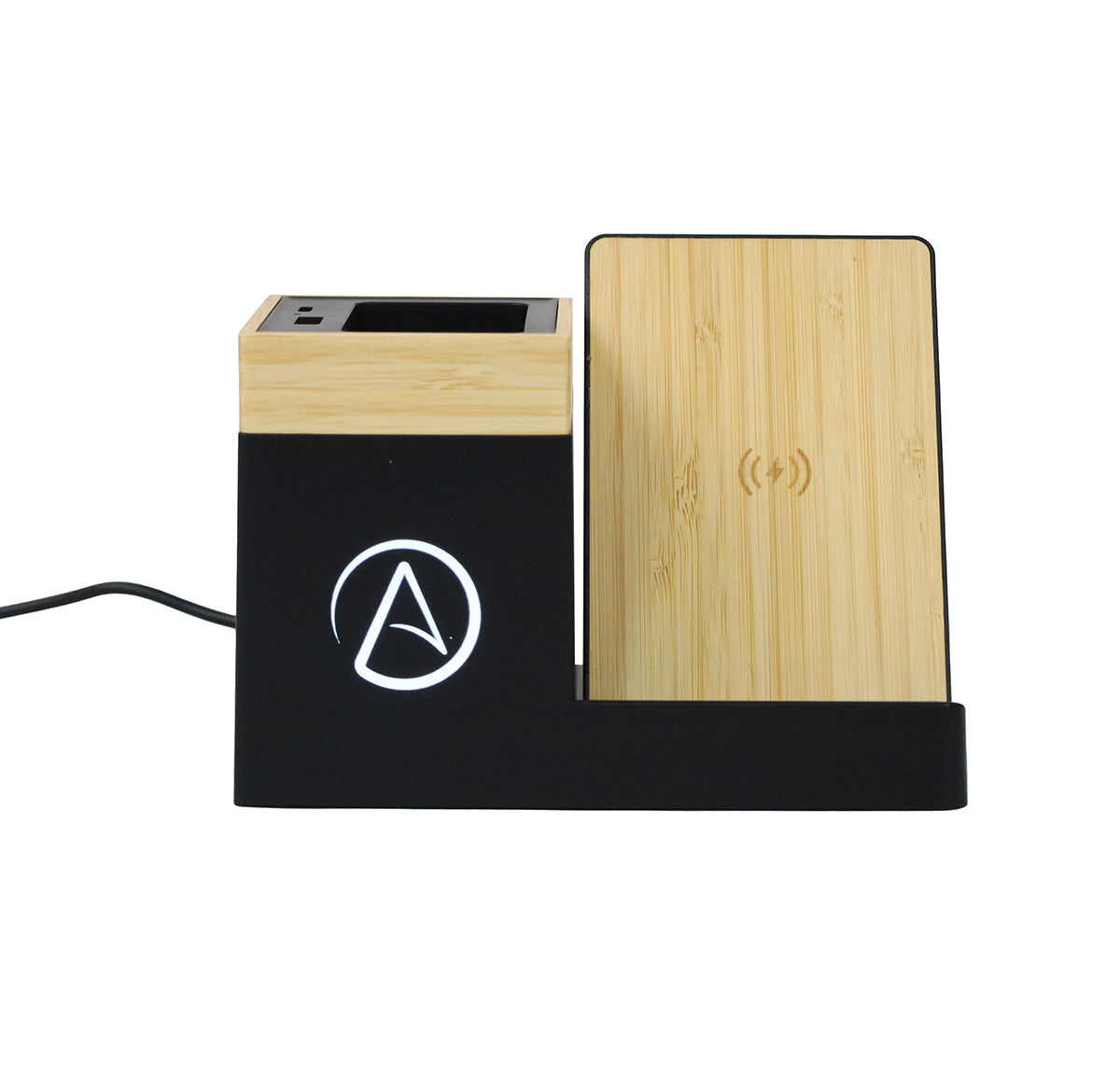 A multi-function pen stand with a black base and bamboo panel, featuring a white LED panel and a charging capability.
