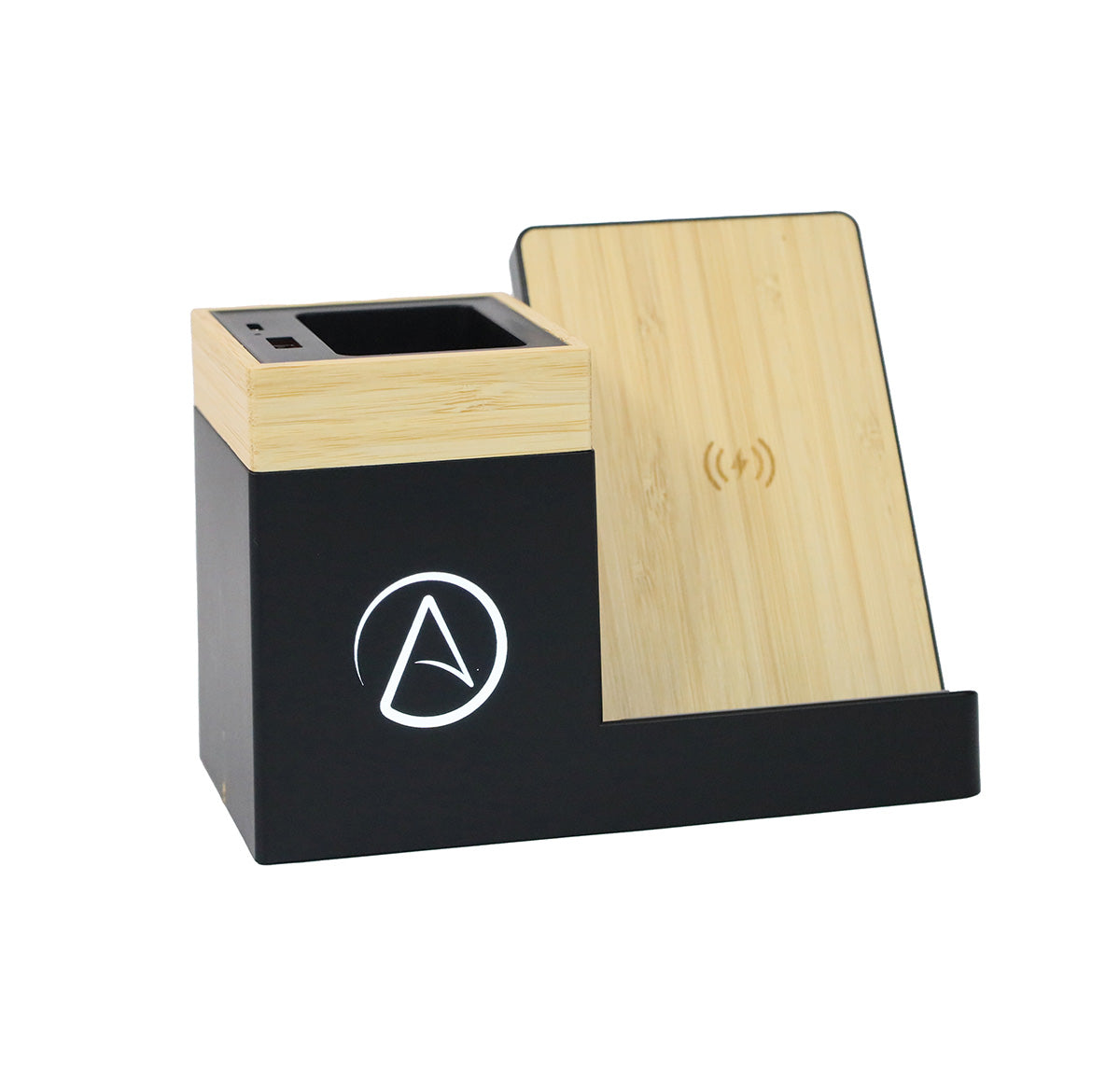 Black and wooden desk organizer with a logo on a white background