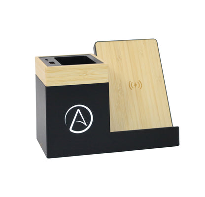 Black and wooden desk organizer with a logo on a white background