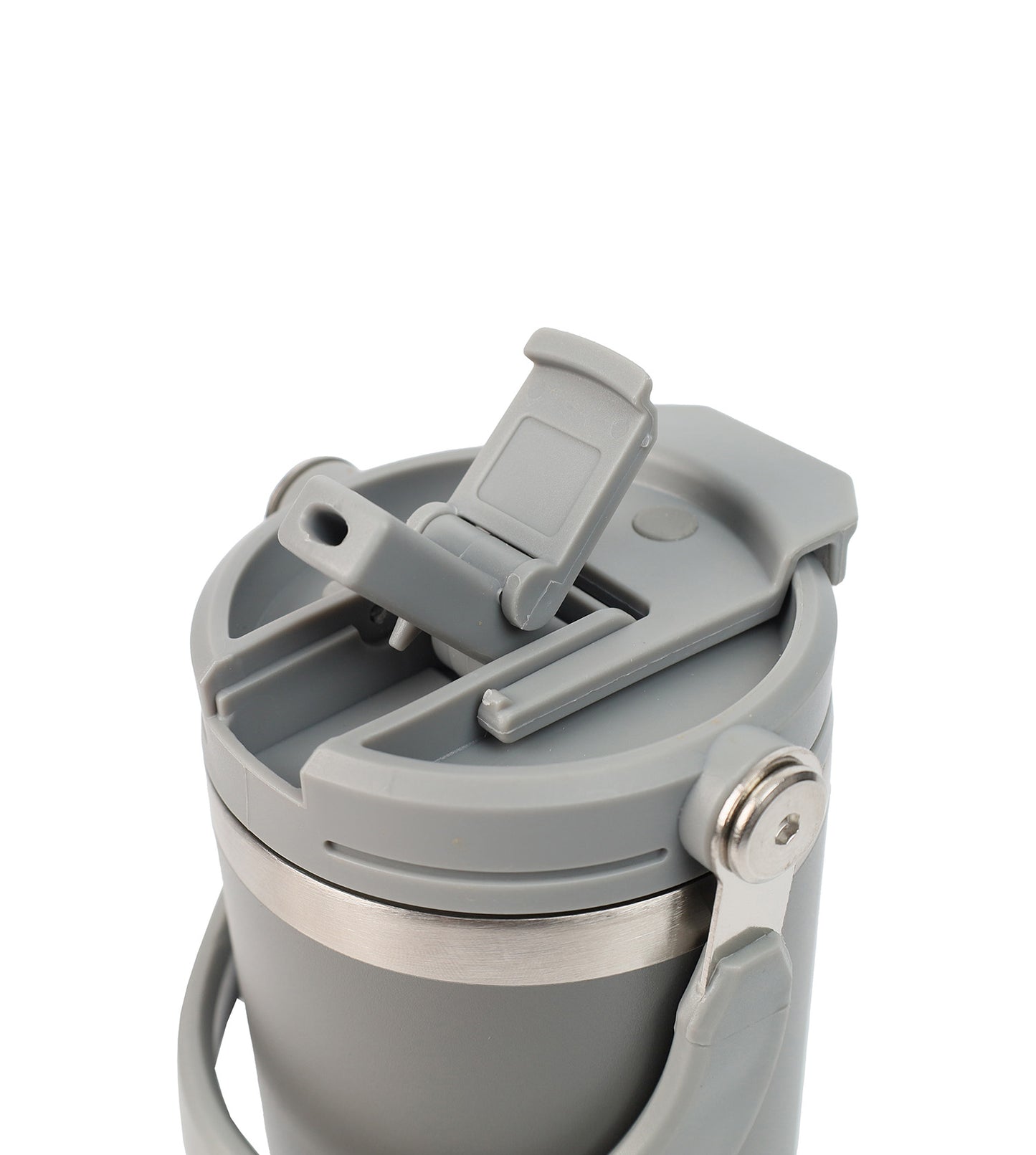 Gray insulated cup with a lid on a white background