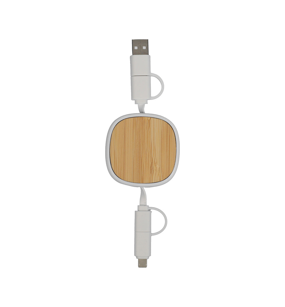 Retractable USB cable with wooden end on a white background