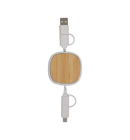 Retractable USB cable with wooden end on a white background