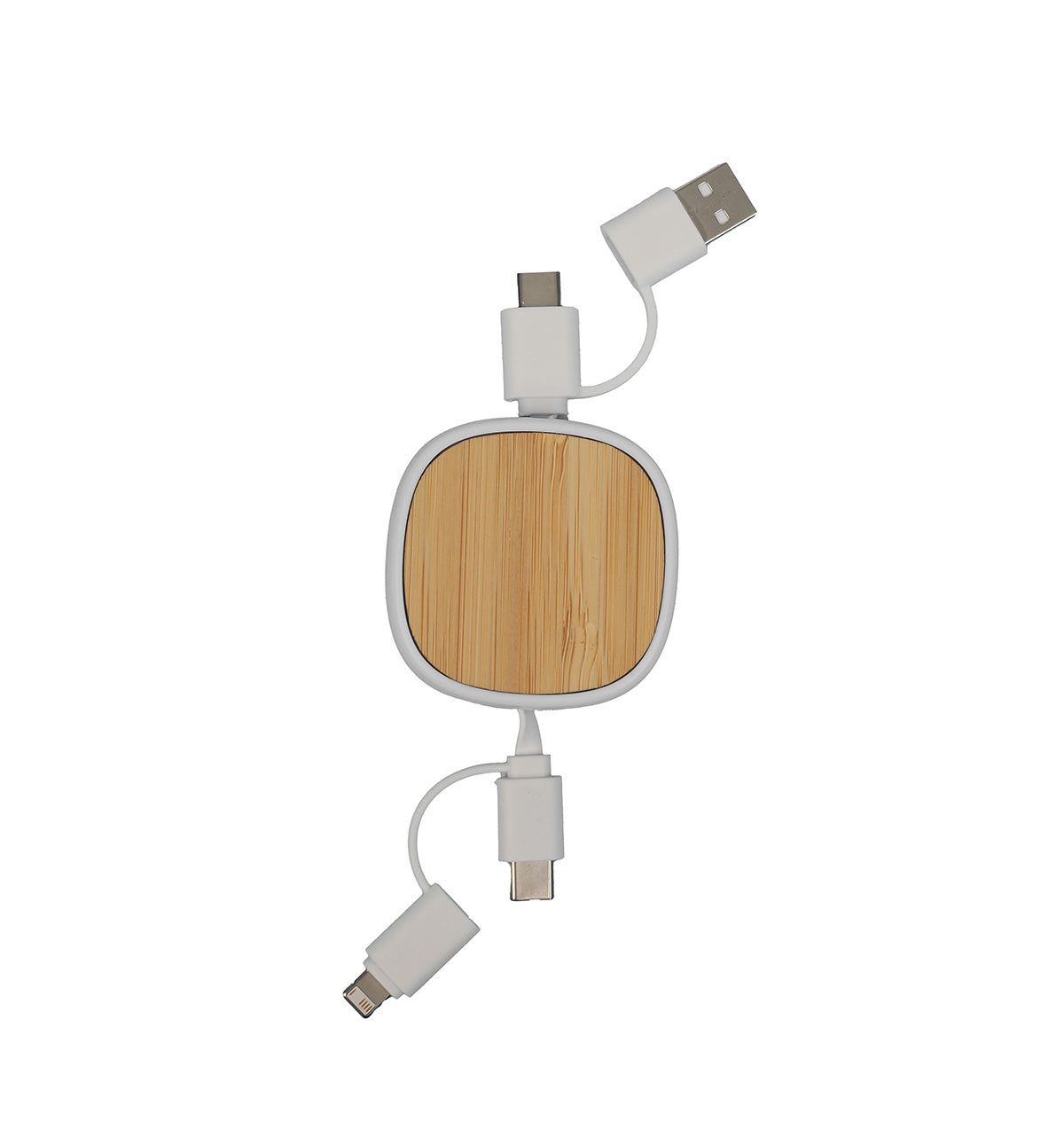 Multi-device charging cable with wooden end on a white background