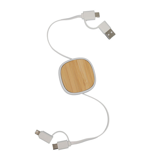 A 4-in-1 fast charging cable with bamboo and ABS, featuring USB, Type-C, micro-USB, and Lightning connectors.
