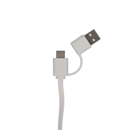 White USB cable with one end being a standard USB connector and the other end being a micro USB connector on a white background.