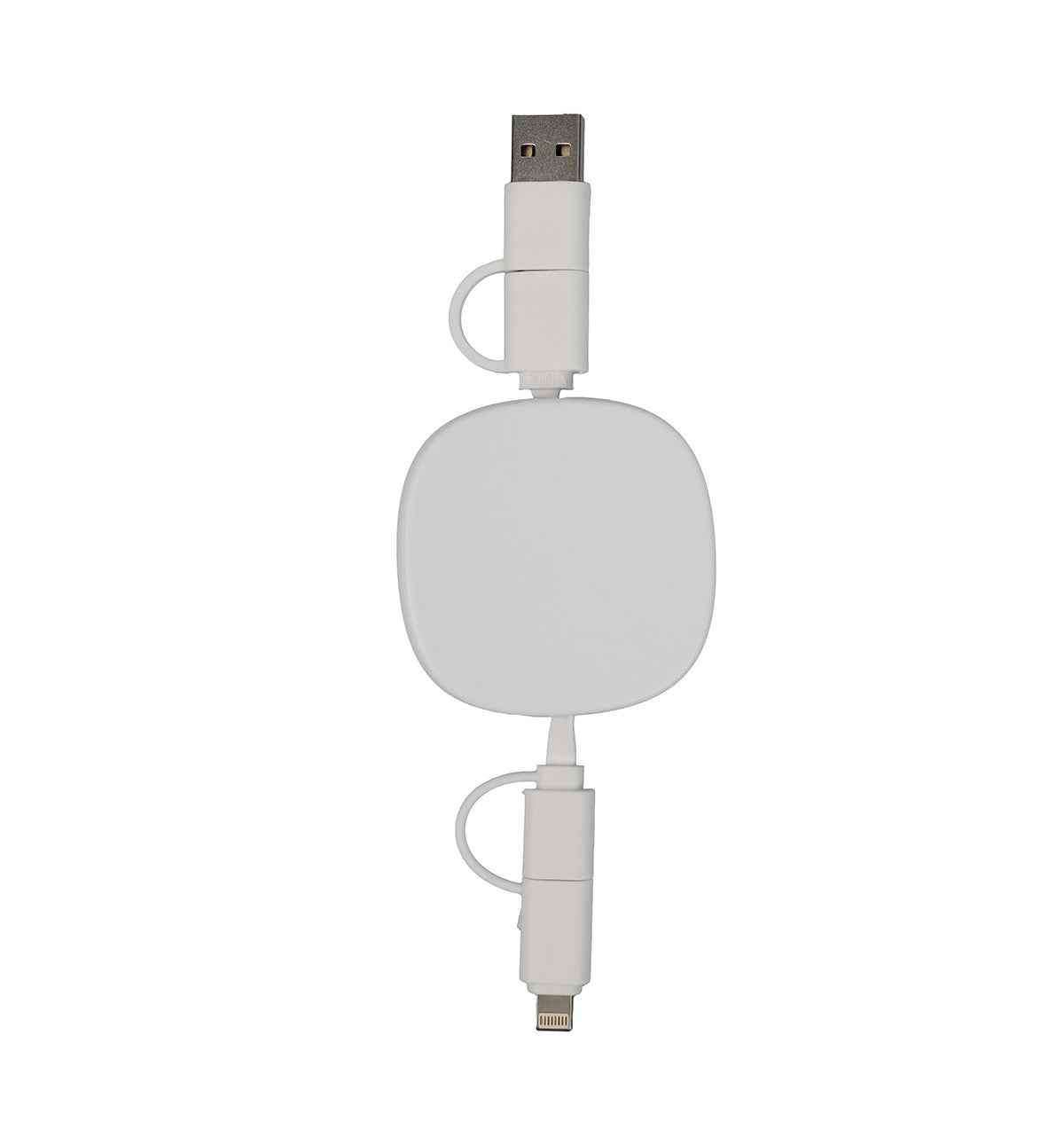 White retractable USB cable with two connectors on a white background
