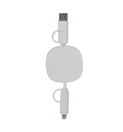 White retractable USB cable with two connectors on a white background