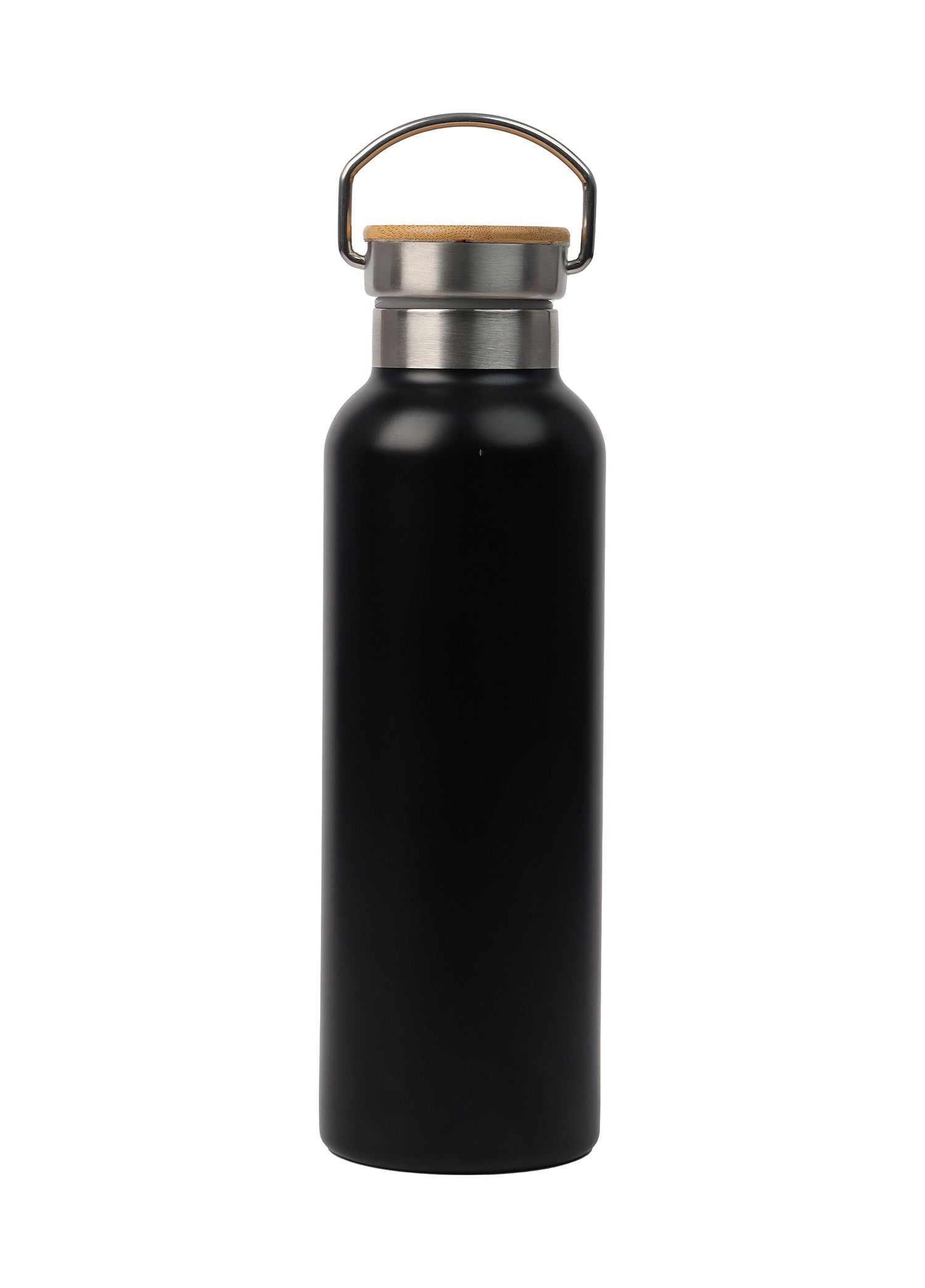 Black water bottle with a silver cap on a white background
