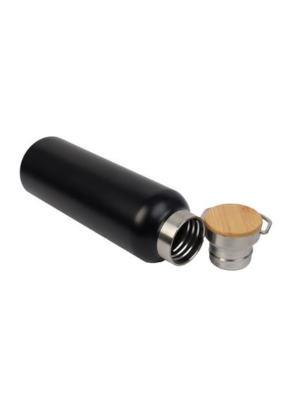 Black metal water bottle with wooden cap on a white background