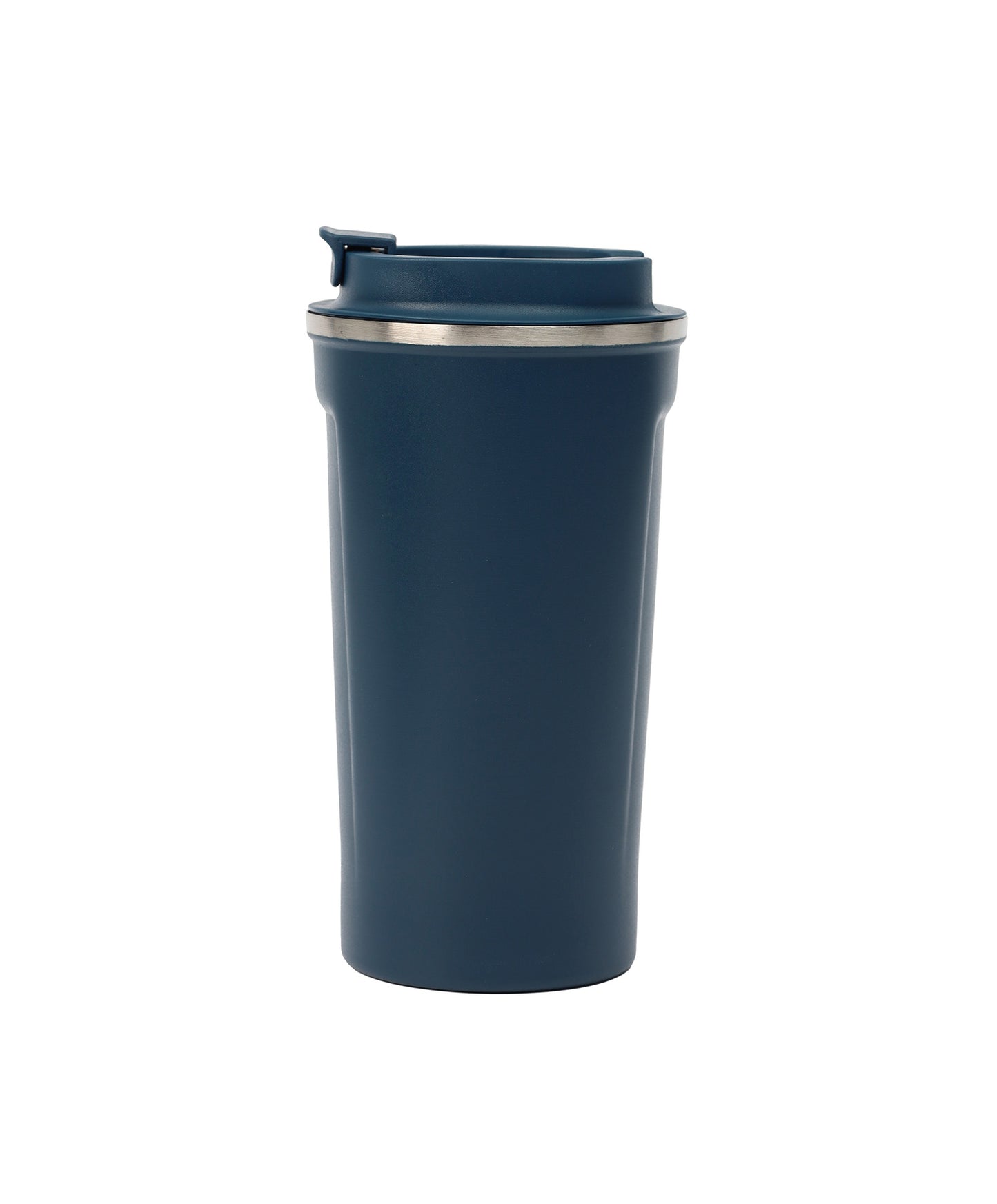 Navy blue tumbler with a silver lid on a white background