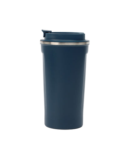 Navy blue tumbler with a silver lid on a white background