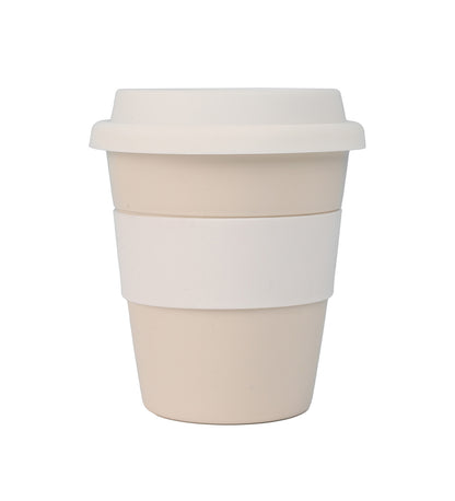 Beige and white reusable coffee cup on a white background
