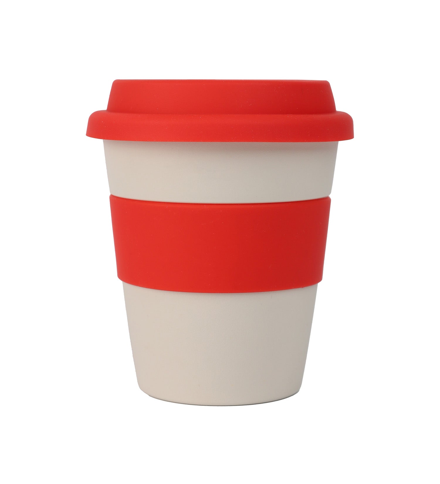 Beige reusable cup with red silicone band and lid on a white background