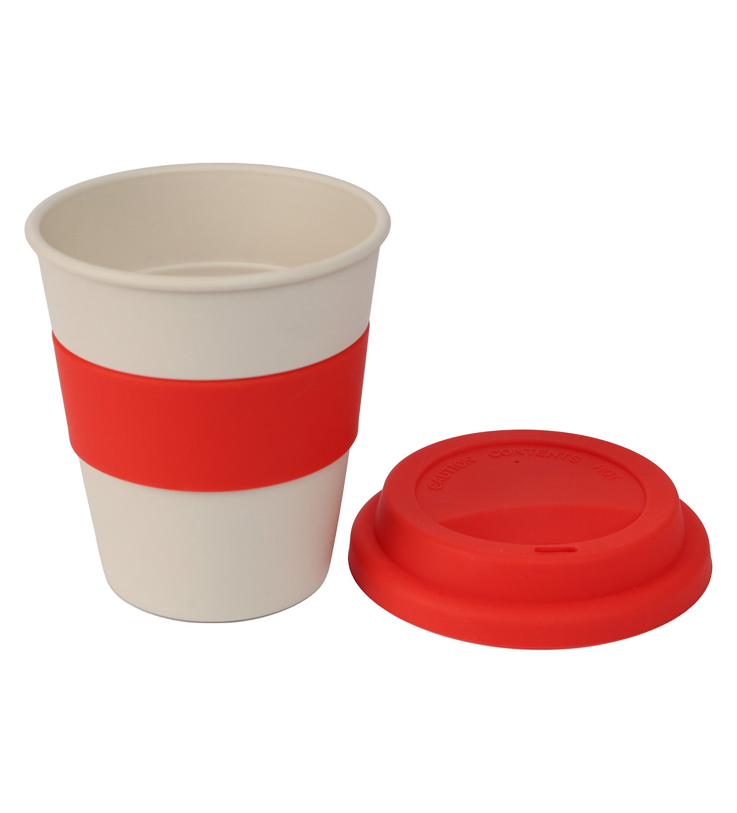 Beige paper cup with a red sleeve and lid on a white background