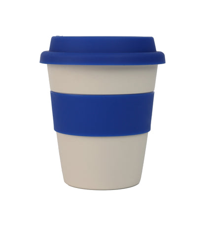 Beige reusable cup with blue band and lid on a white background