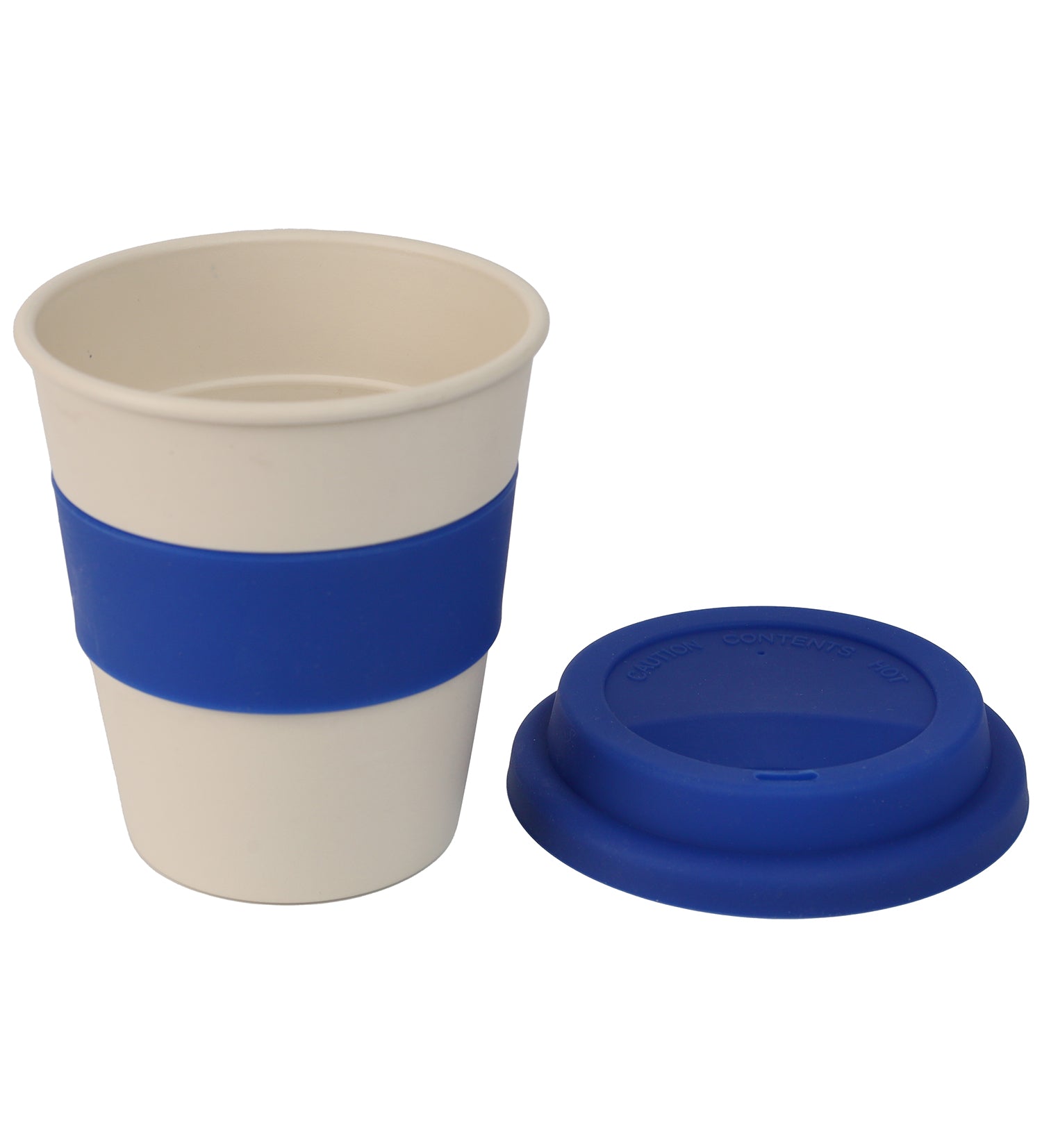 Beige cup with blue sleeve and lid on a white background
