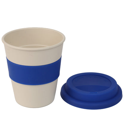 Beige cup with blue sleeve and lid on a white background
