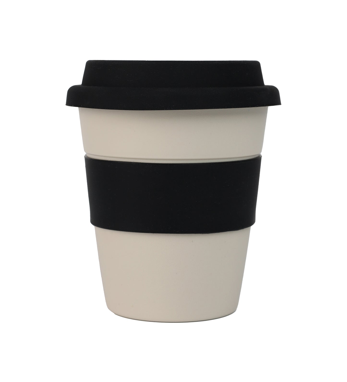 Beige reusable coffee cup with black lid and band on a white background