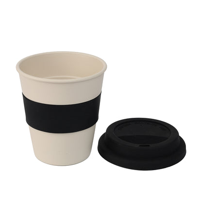 Biodegradable cup with black sleeve and lid on a white background