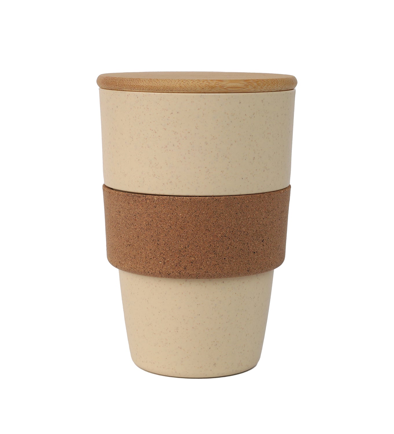 A beige wheat straw tumbler with a cork grip and a bamboo lid.