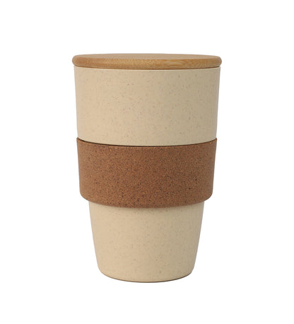A beige wheat straw tumbler with a cork grip and a bamboo lid.