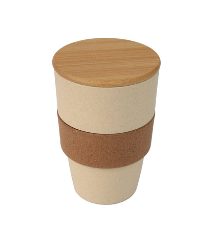 Stackable container with wooden lid, cork band, and beige body on a white background