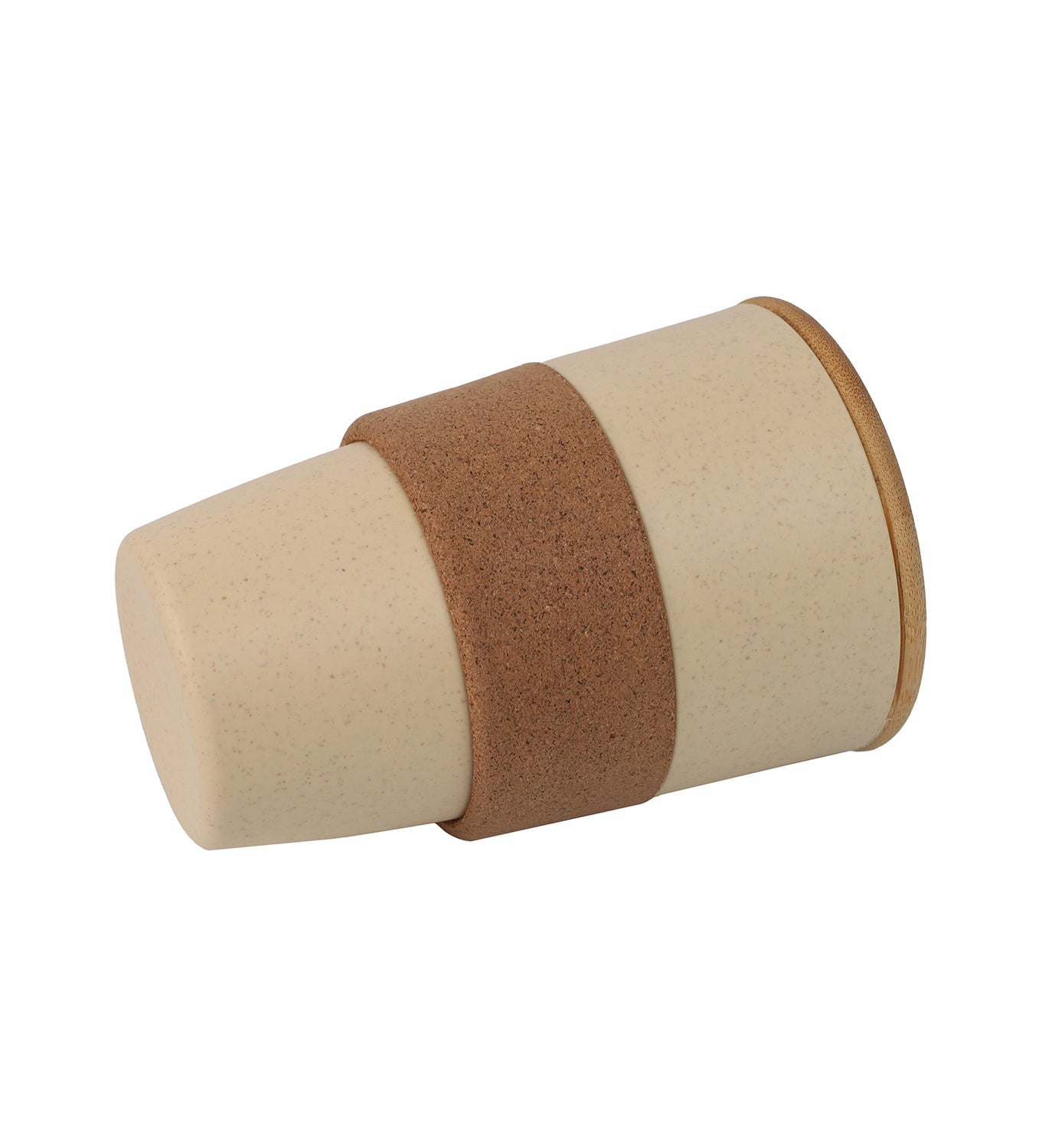 Beige cylindrical object with a brown band on a white background