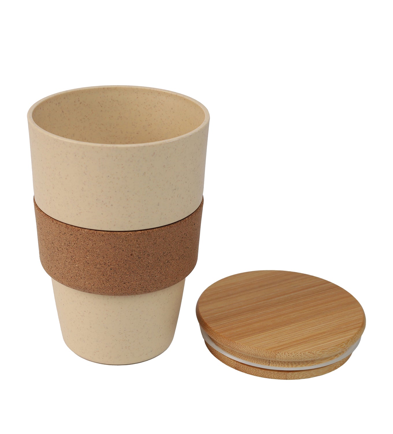 Beige and brown reusable cup with a bamboo lid on a white background