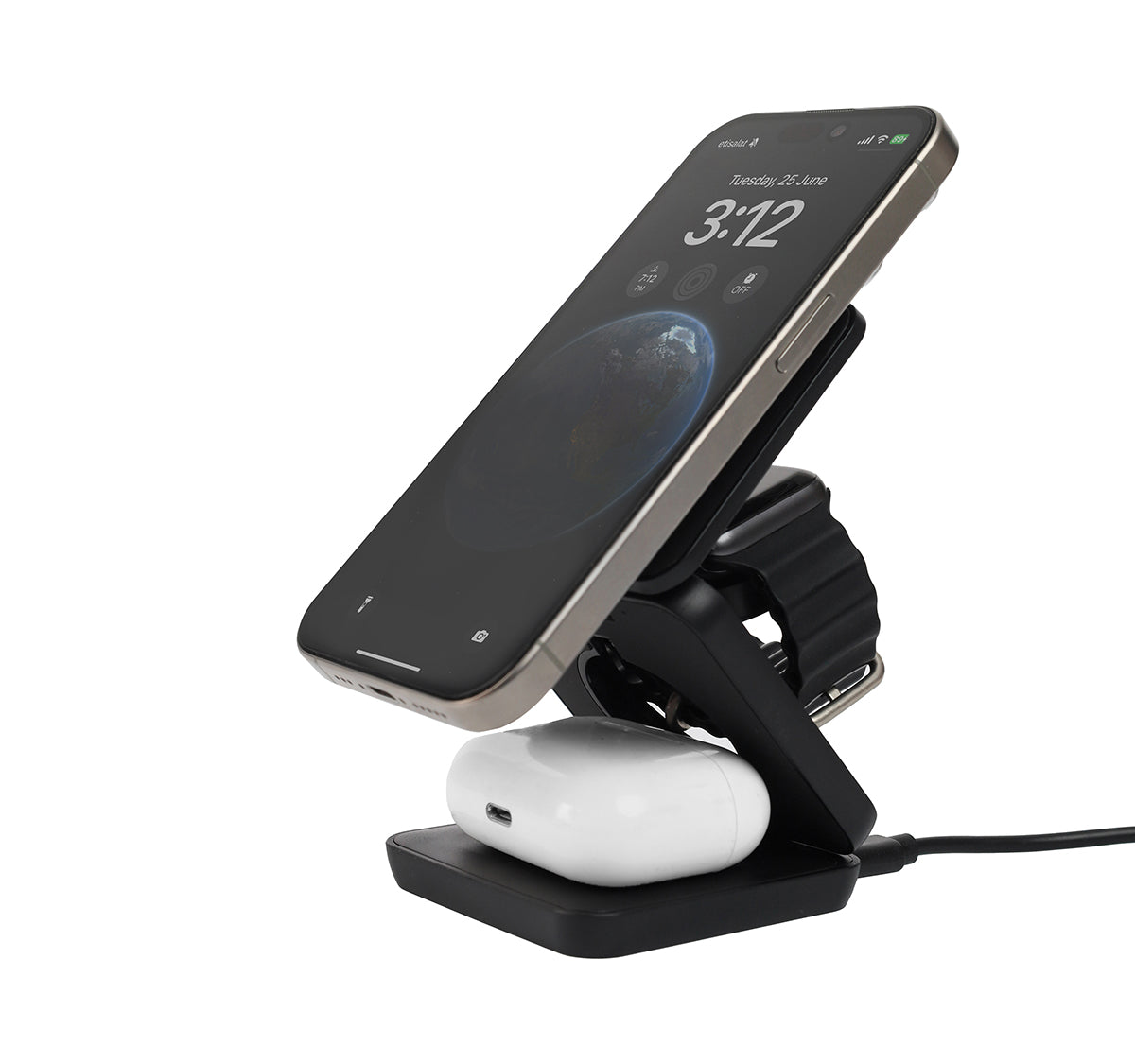 A multifunctional magnetic wireless charger with a smartphone and a smartwatch placed on it, showing the black charging surface and the foldable design.