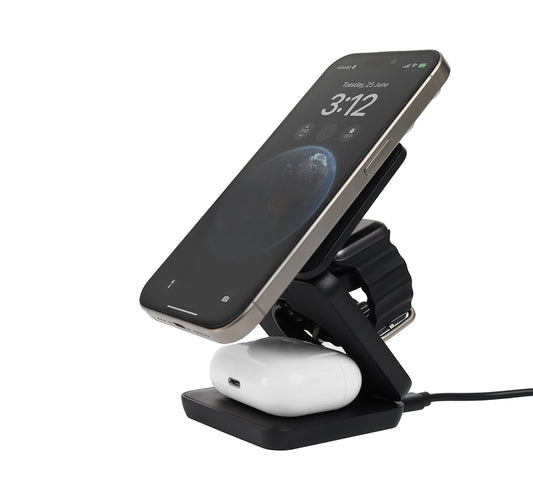 A multifunctional magnetic wireless charger with a smartphone and a smartwatch placed on it, showing the black charging surface and the foldable design.