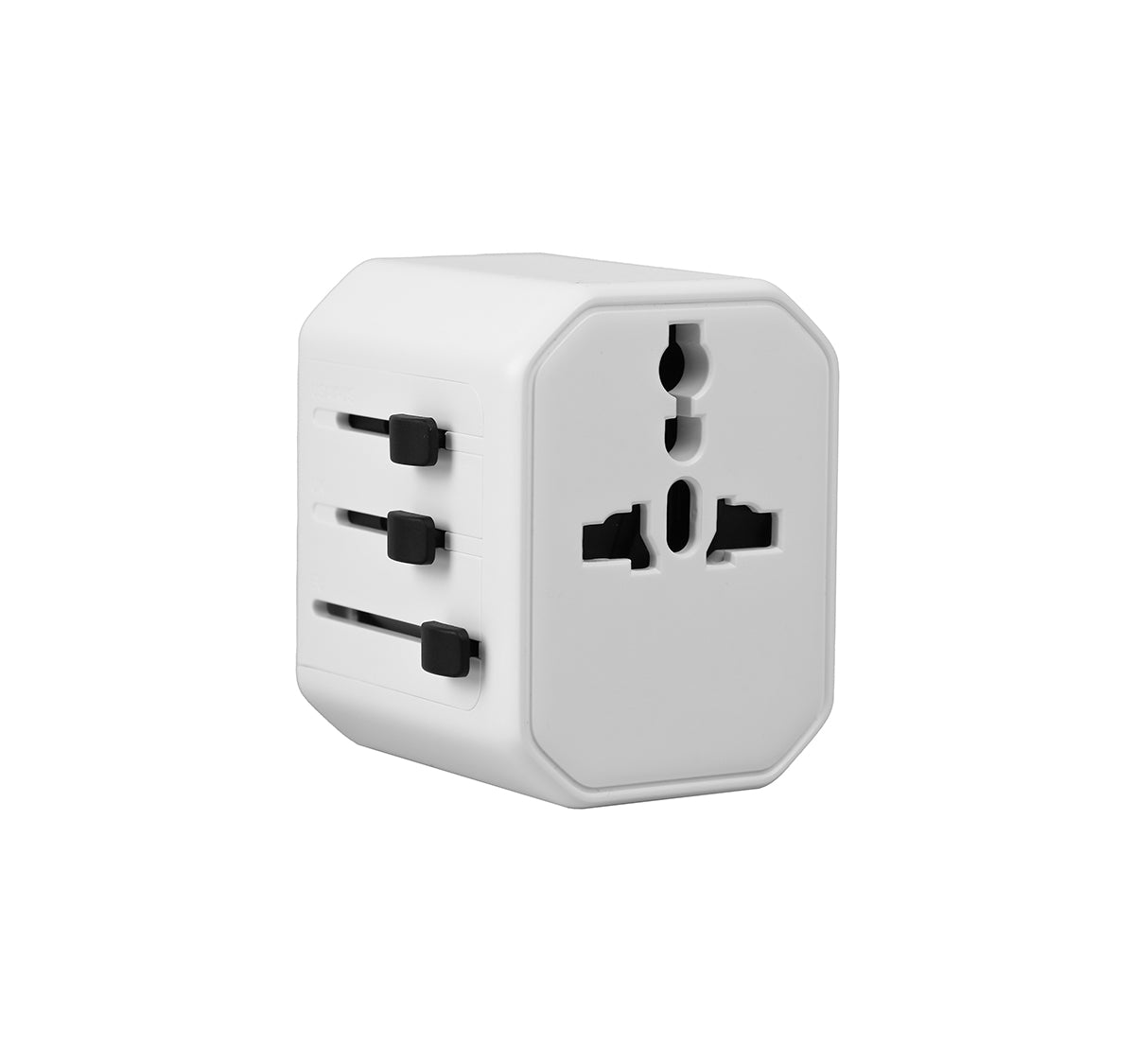 A white universal travel adapter with multiple socket options.