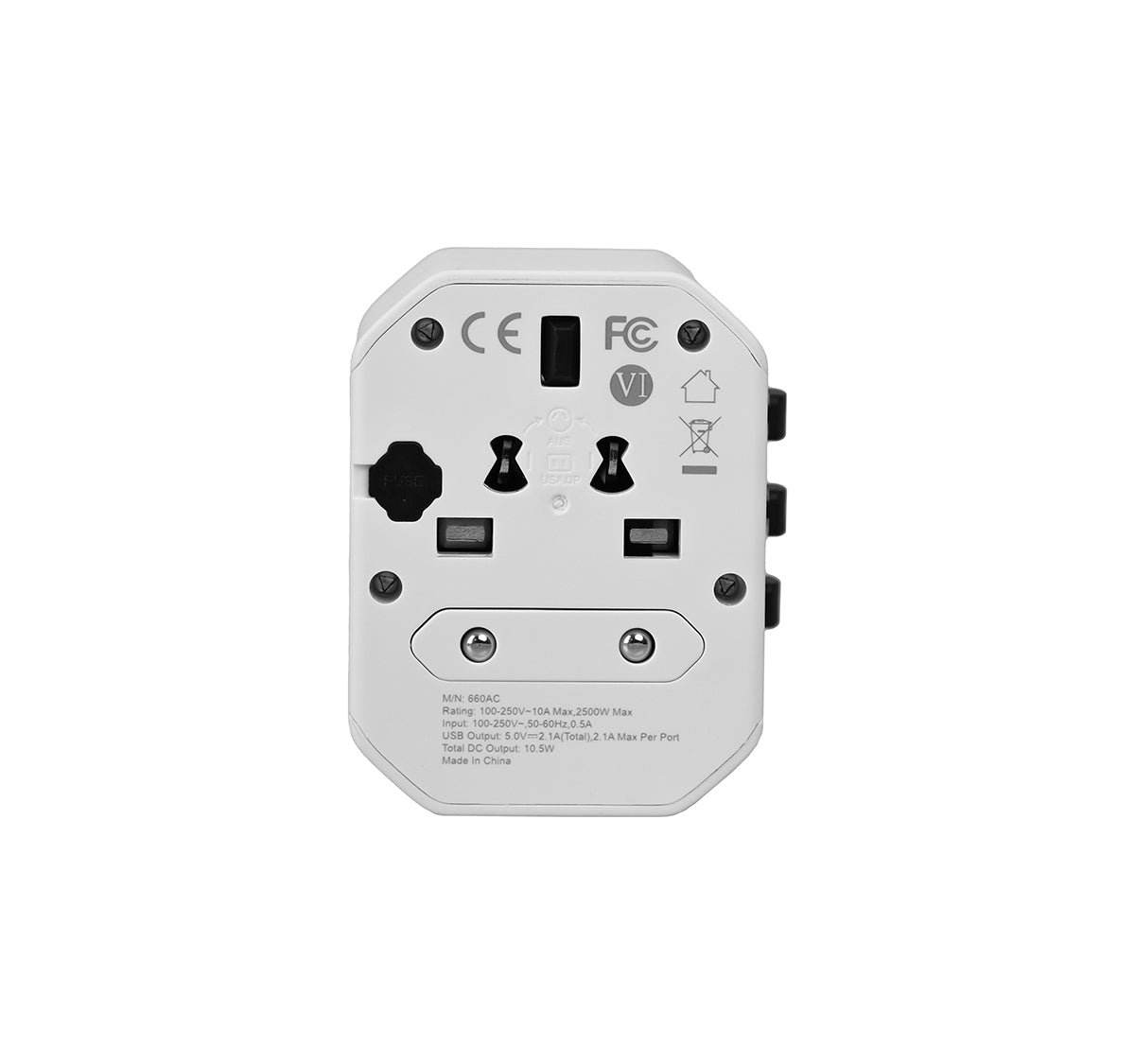 White travel adapter with multiple plug sockets on a white background