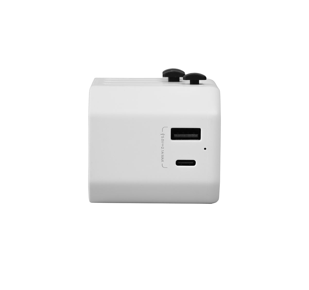 White electronic device with USB ports on a white background