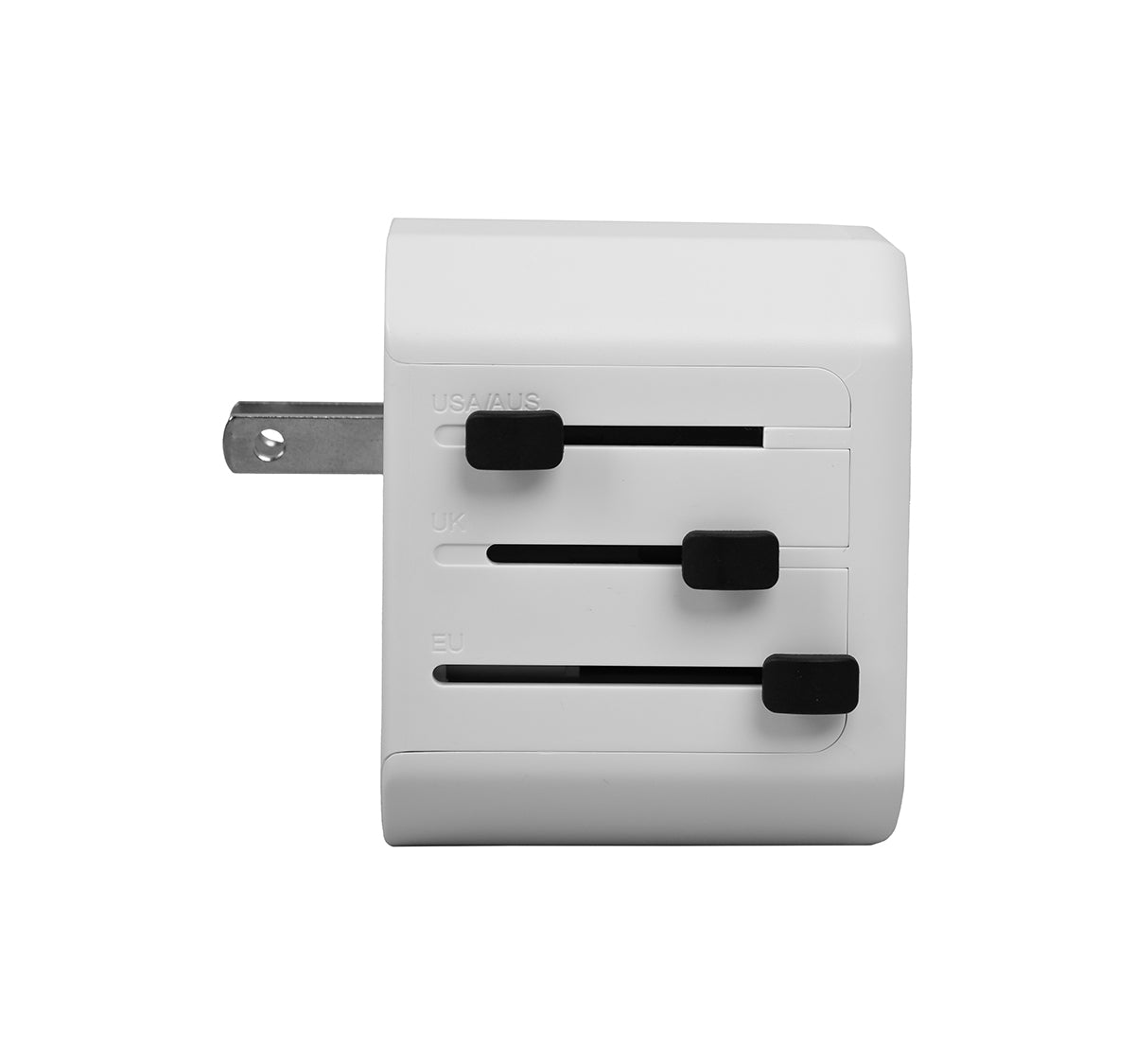 White travel adapter with black outlets on a white background