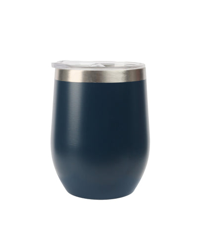 Navy blue insulated tumbler with a silver lid on a white background