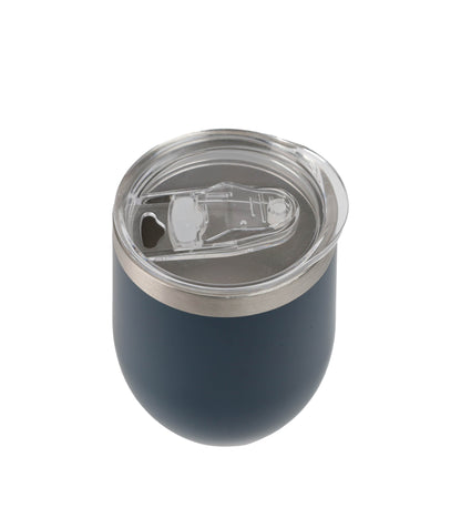 Navy blue tumbler with a clear lid on a white background