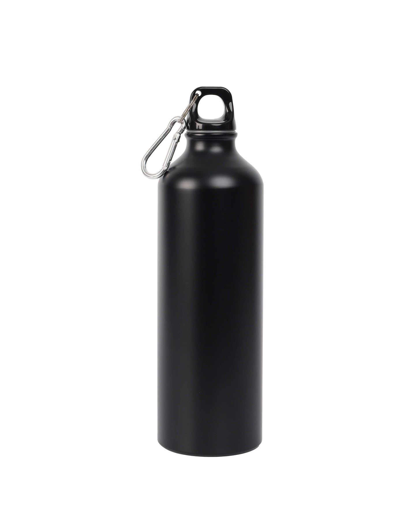 A black aluminium water bottle with a leak-free screw lid and a top carabiner clip.
